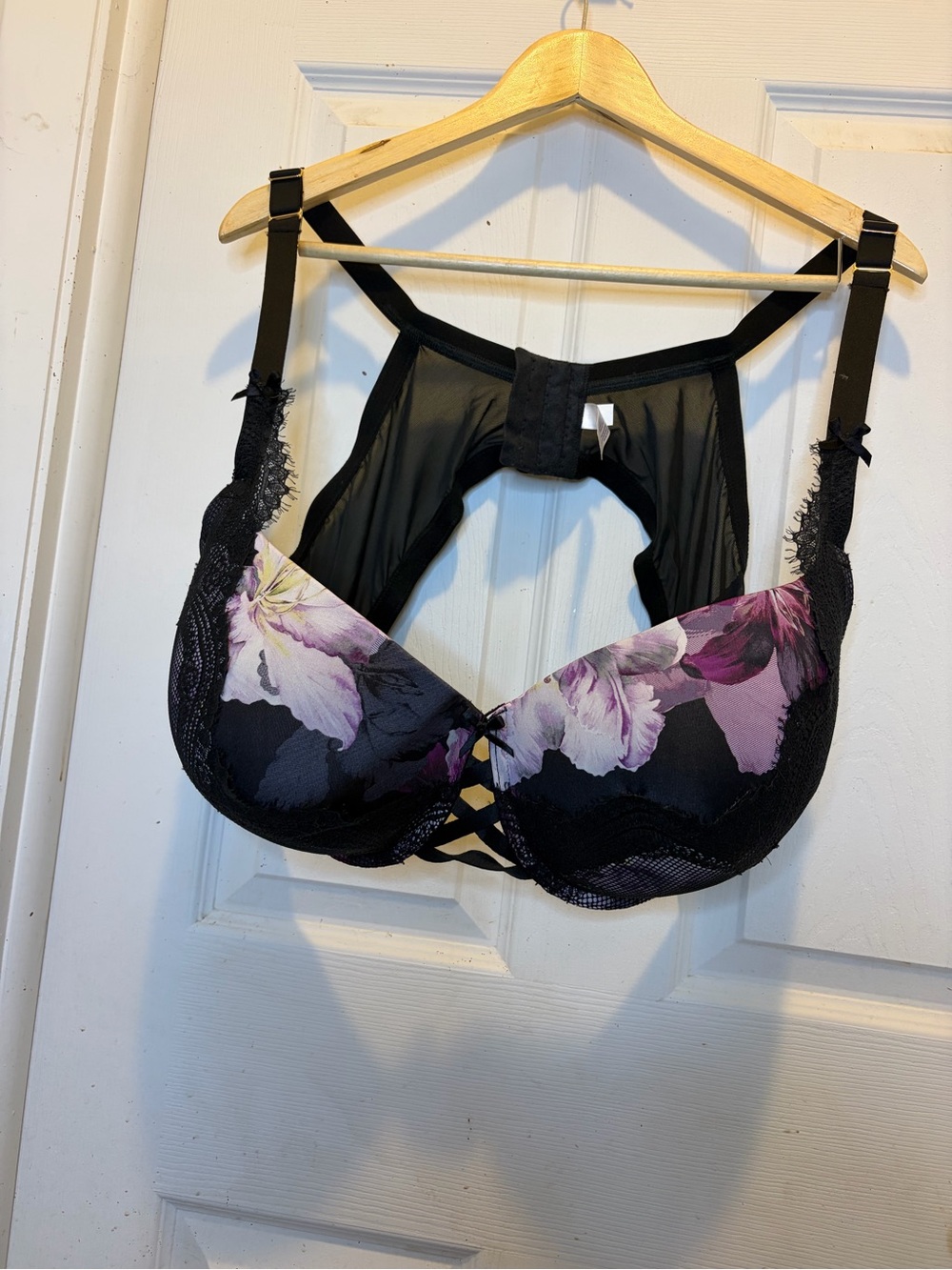 Cacique Black Boost Balconette Push-Up Bra with Purple and Pink Floral Print 50D